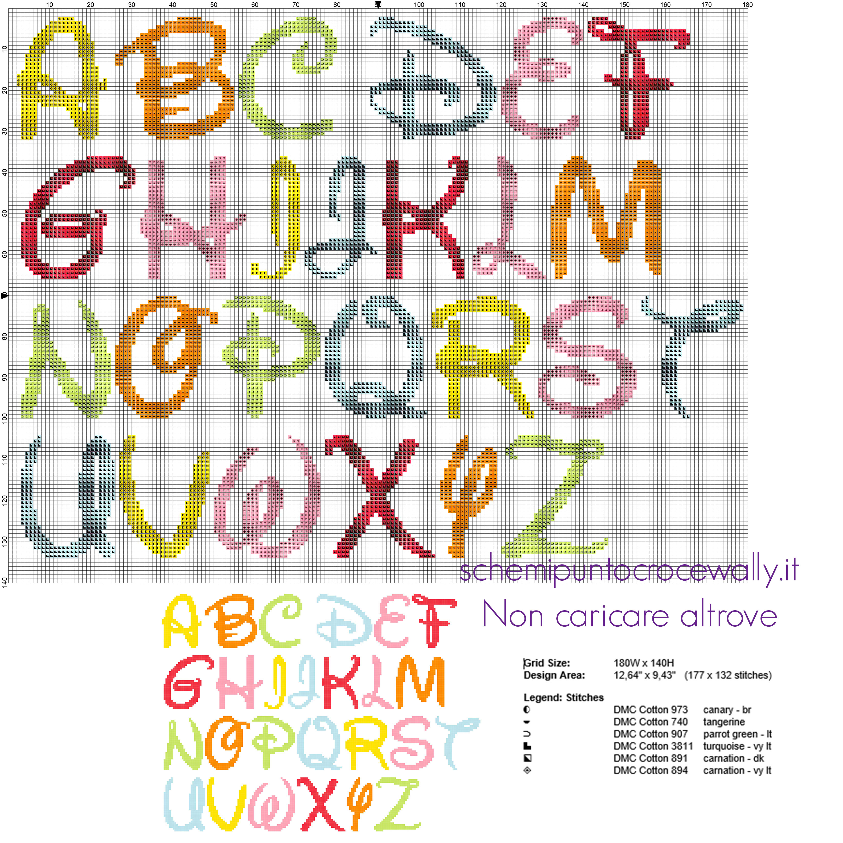 Alfabeto punto croce da ricamare carattere font Disney lettere colorate gratis