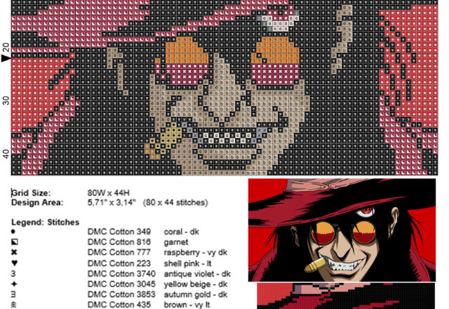 Alucard (Hellsing) schema gratis punto croce 80x44 14 colori