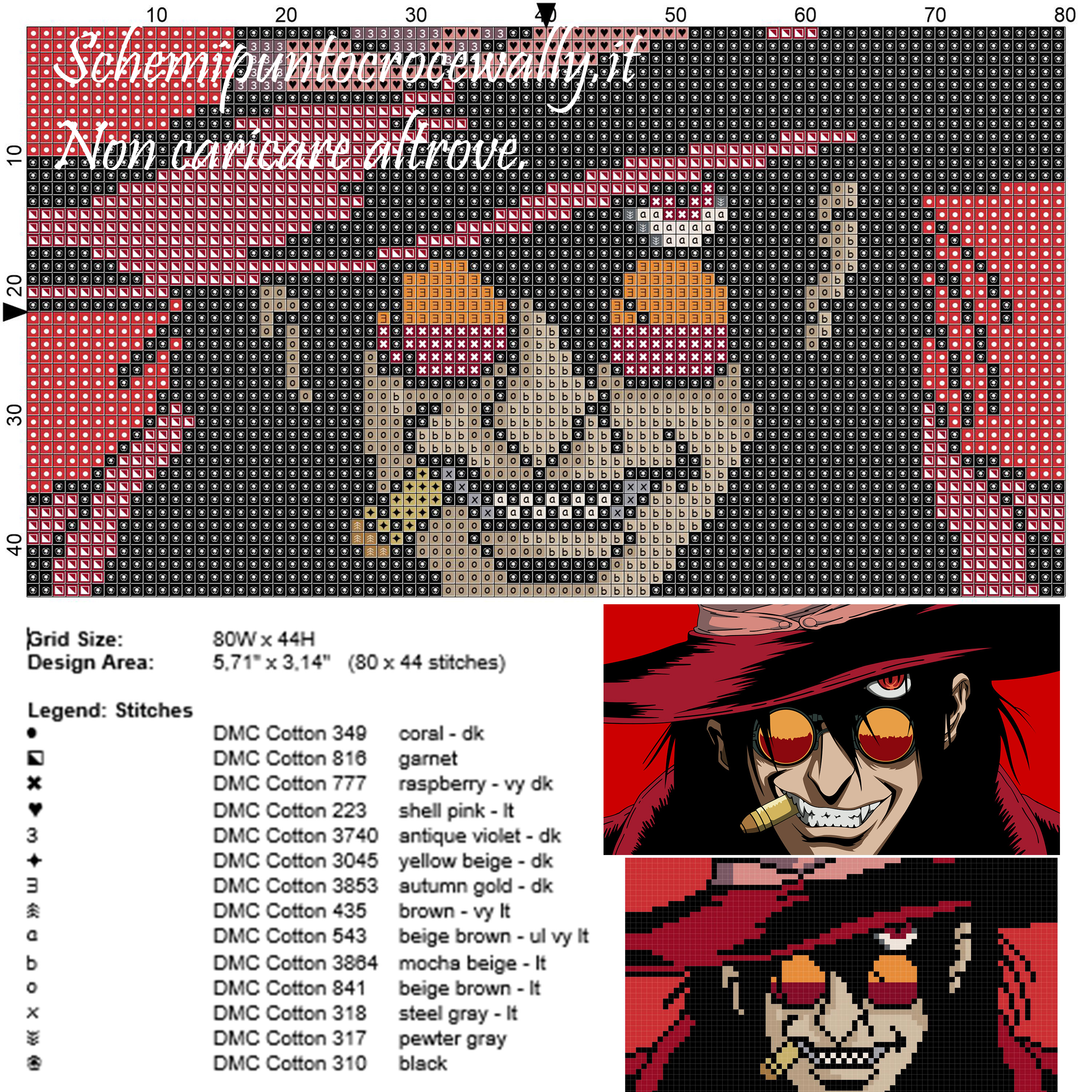 Alucard (Hellsing) schema gratis punto croce 80x44 14 colori