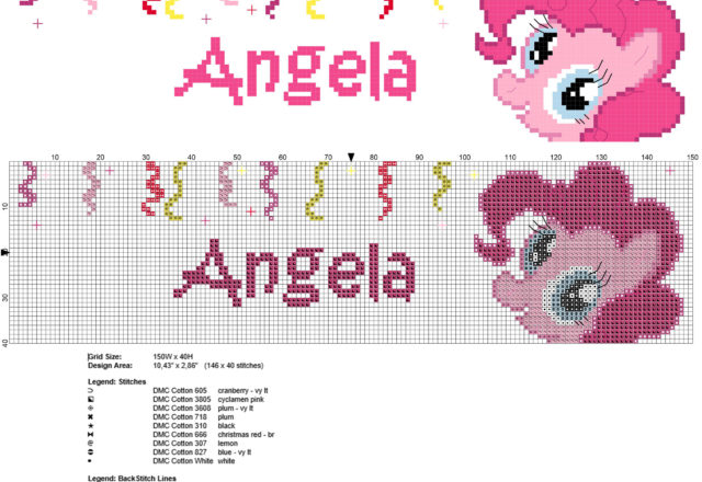 Angela nome bambina punto a croce con Pinkie Pie personaggio My Little Pony