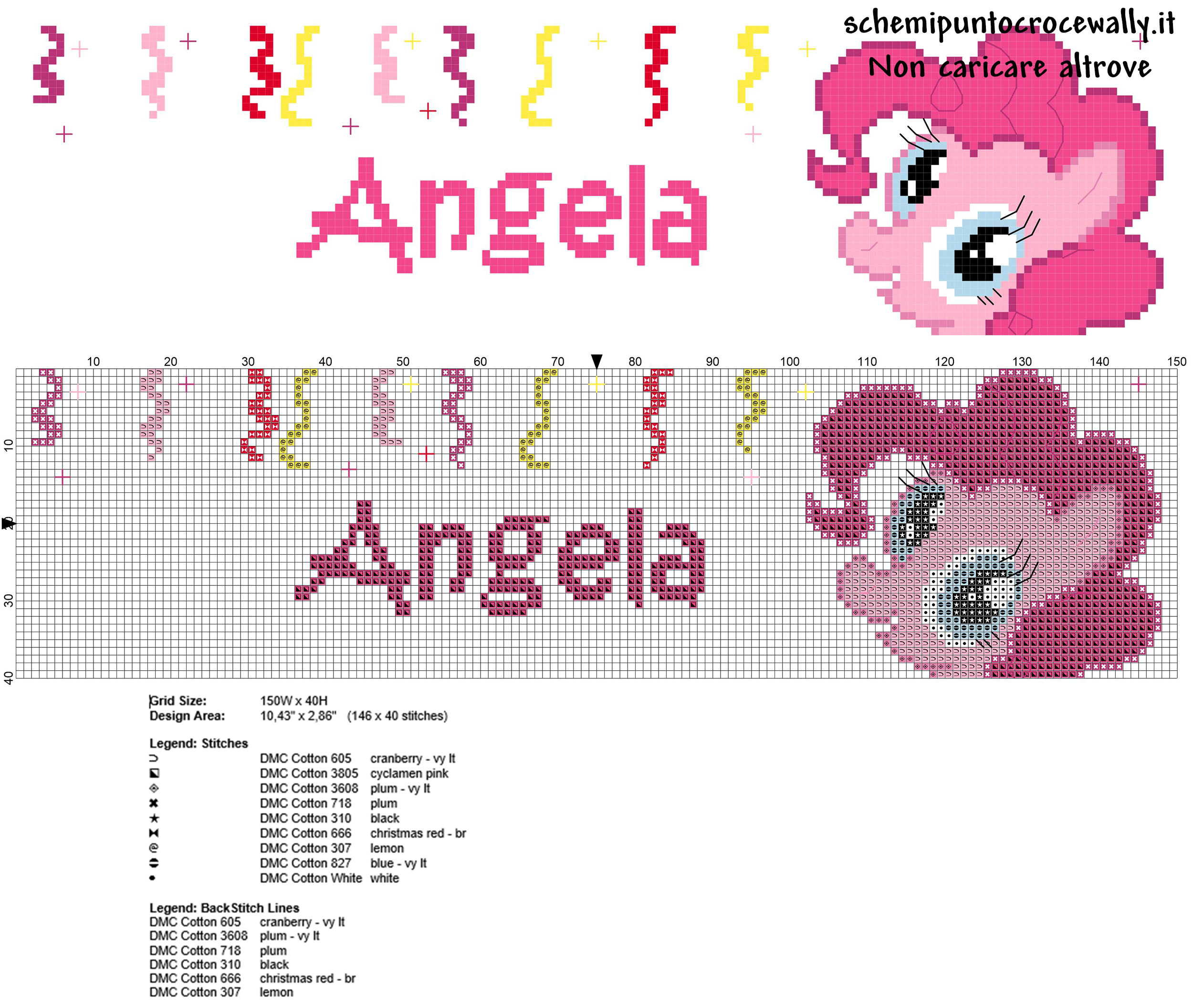 Angela nome bambina punto a croce con Pinkie Pie personaggio My Little Pony