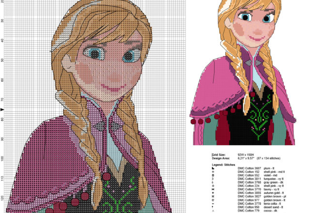 Anna personaggio del cartone animato Disney Frozen schema punto croce in circa 150 crocette