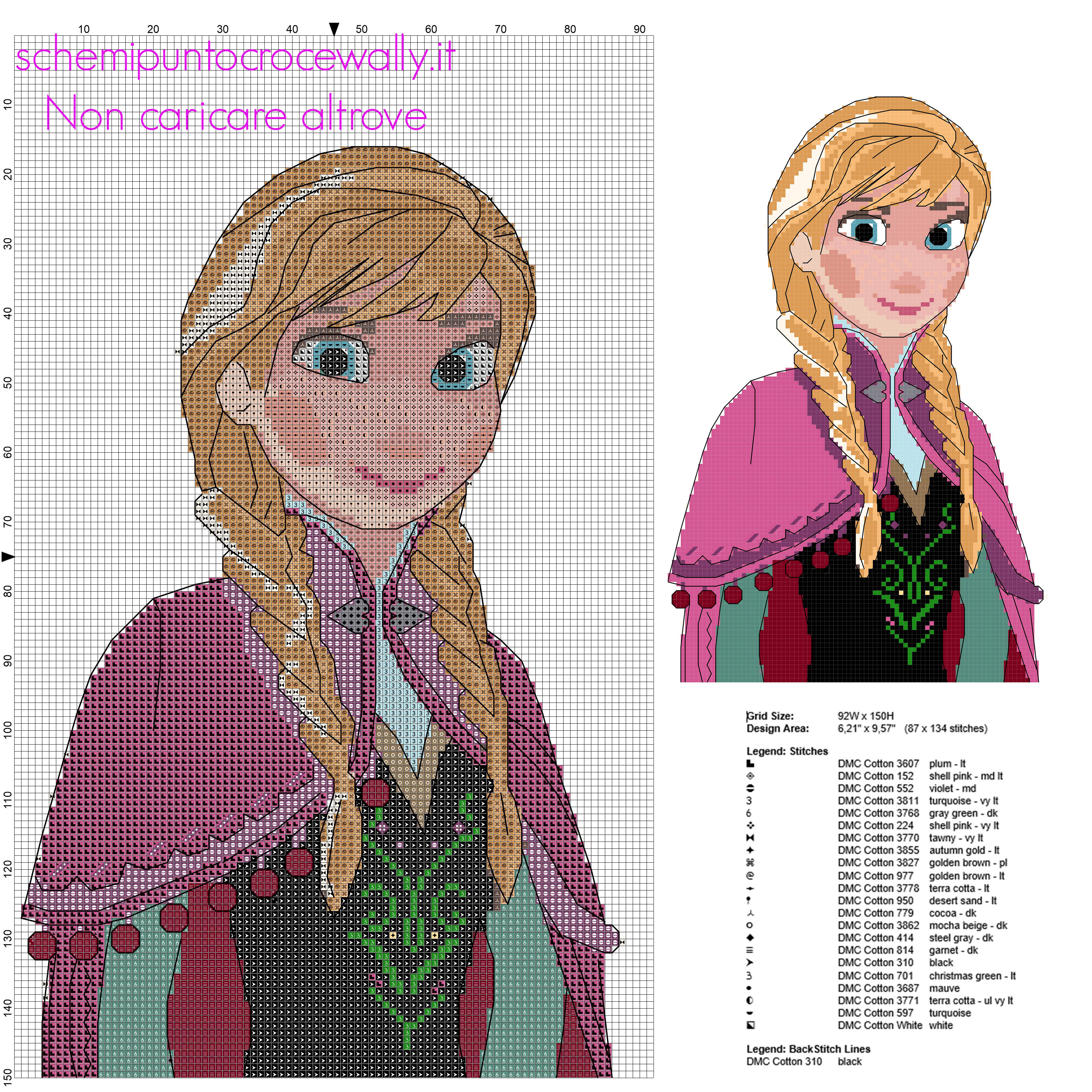Anna personaggio del cartone animato Disney Frozen schema punto croce in circa 150 crocette