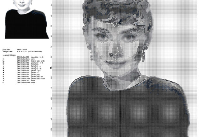 Audrey Hepburn famosa attrice britannica schema punto croce quadro bianco e nero