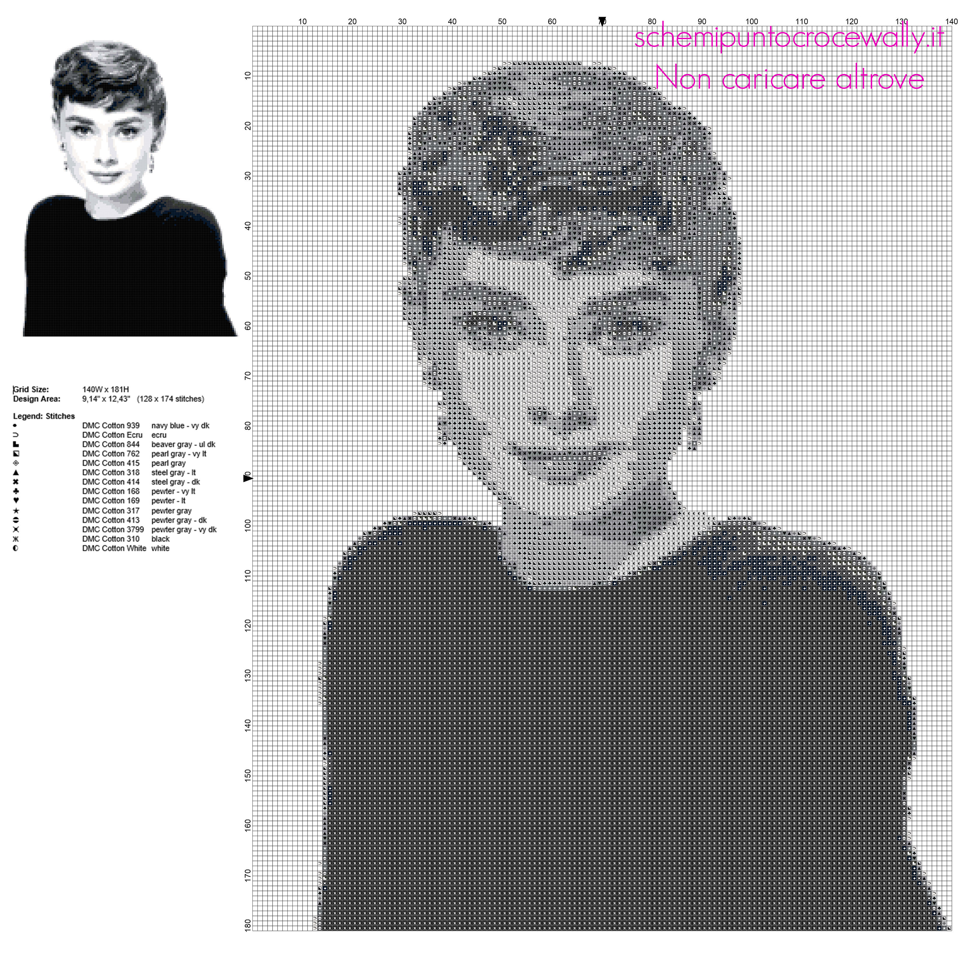 Audrey Hepburn famosa attrice britannica schema punto croce quadro bianco e nero