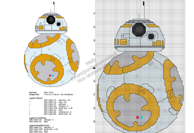 BB-8 personaggio Star Wars schemi ricamo punto croce gratis 64x99