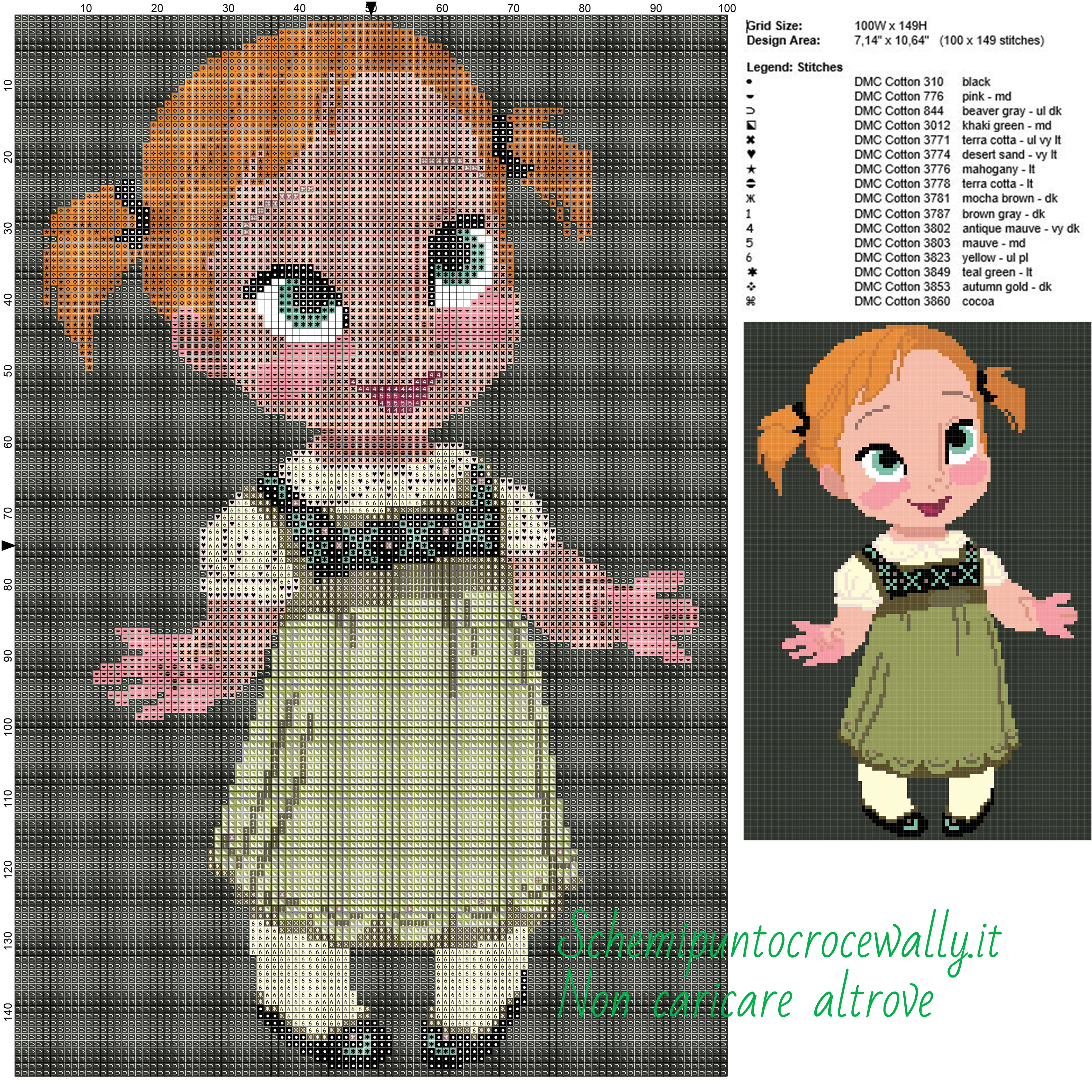 Baby Anna Frozen schema punto croce gratis disney 100x149 16 colori