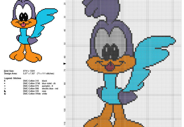 Baby Beep Beep Road Runner personaggio Looney Tunes schema punto croce da ricamare 71 x 111