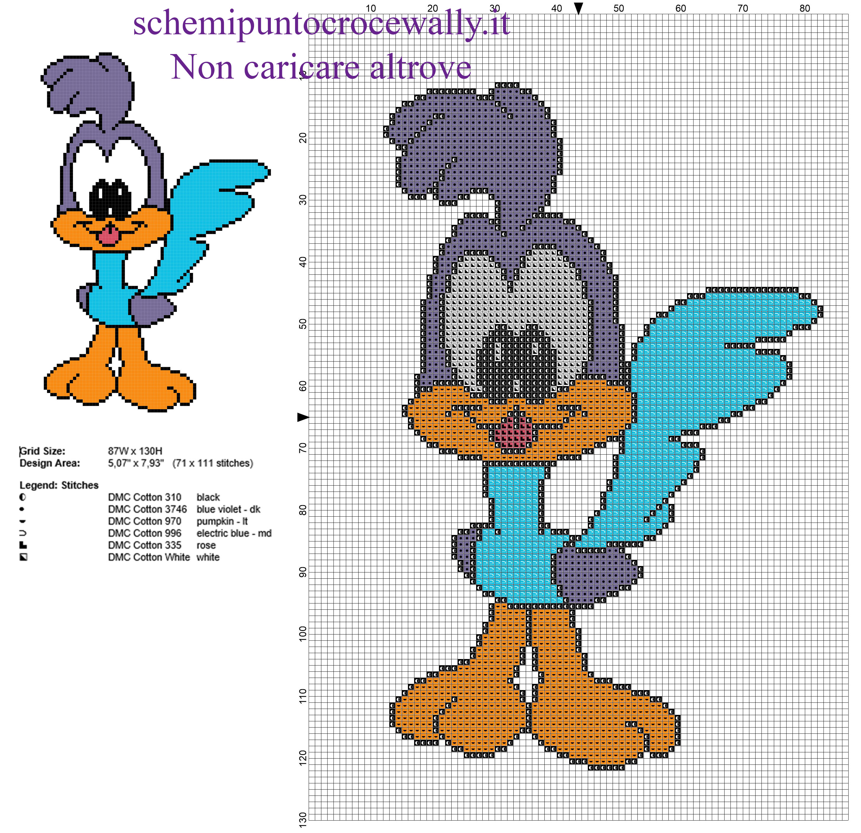 Baby Beep Beep Road Runner personaggio Looney Tunes schema punto croce da ricamare 71 x 111