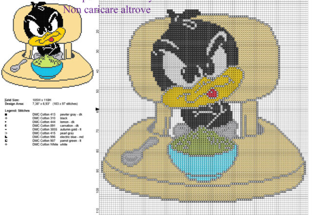 Baby Daffy Duck l’ ora della pappa personaggio Looney Tunes schema punto croce 103 x 97 9 colori DMC
