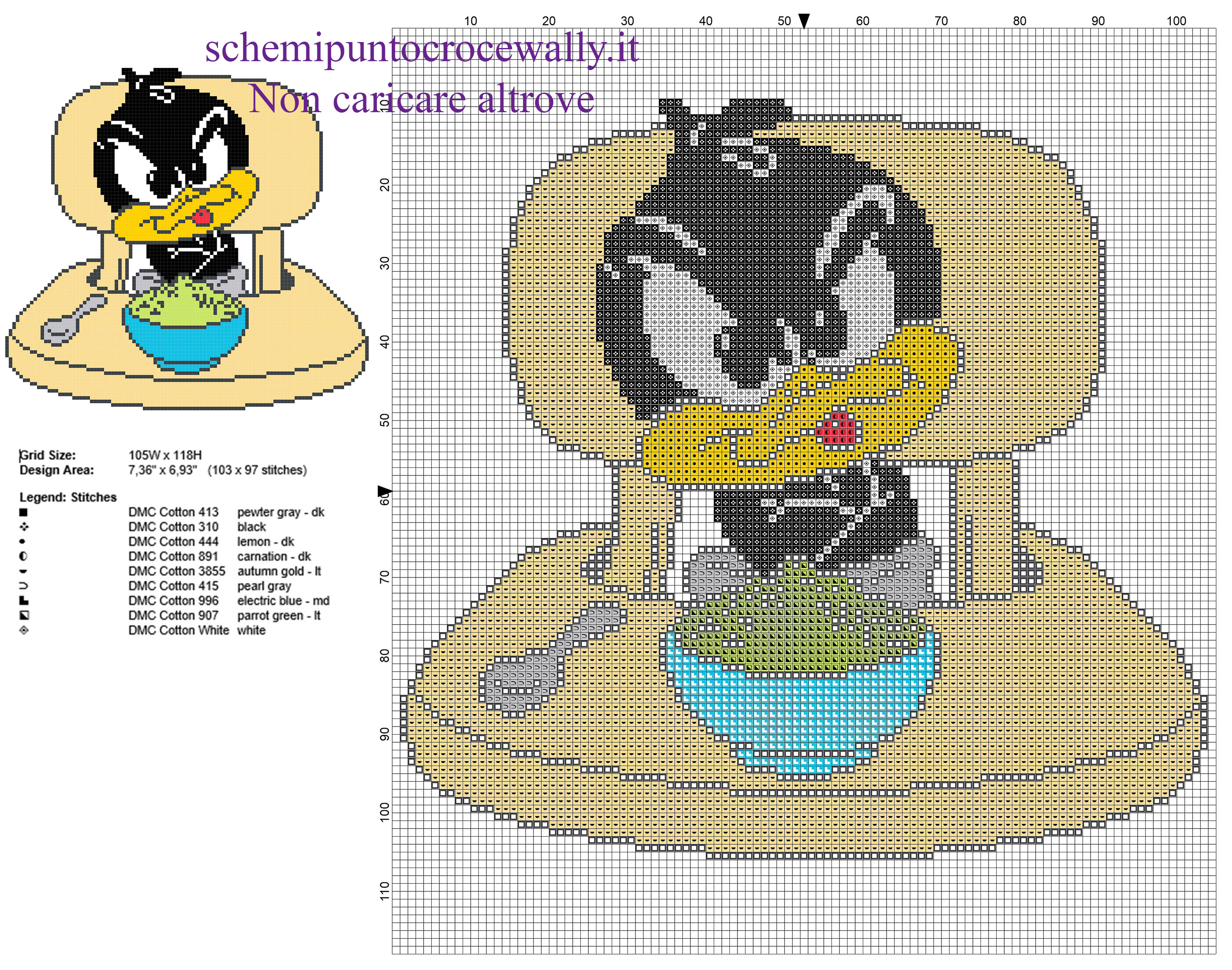 Baby Daffy Duck l’ ora della pappa personaggio Looney Tunes schema punto croce 103 x 97 9 colori DMC