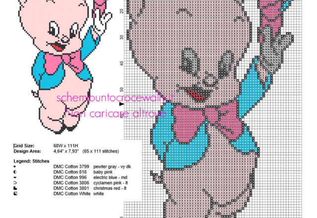 Baby Porky Pig con cappello colorato piccolo schema punto croce Looney Tunes
