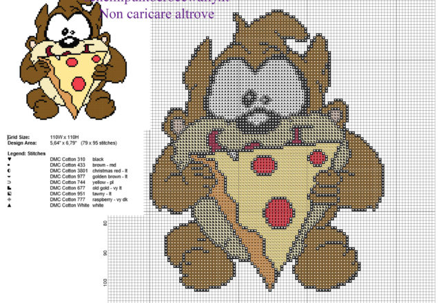 Baby Taz il diavolo della Tasmania che mangia la pizza Looney Tunes schema punto croce