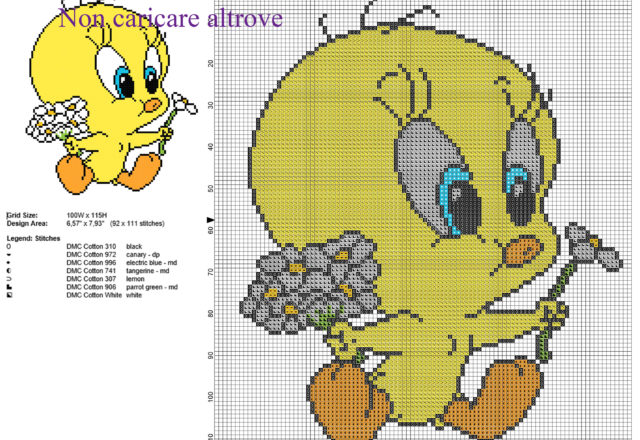 Baby Titti con fiori margherite schema punto croce gratis Looney Tunes