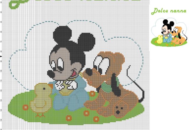 Baby Topolino e pluto con pulcino schema punto croce per copertina