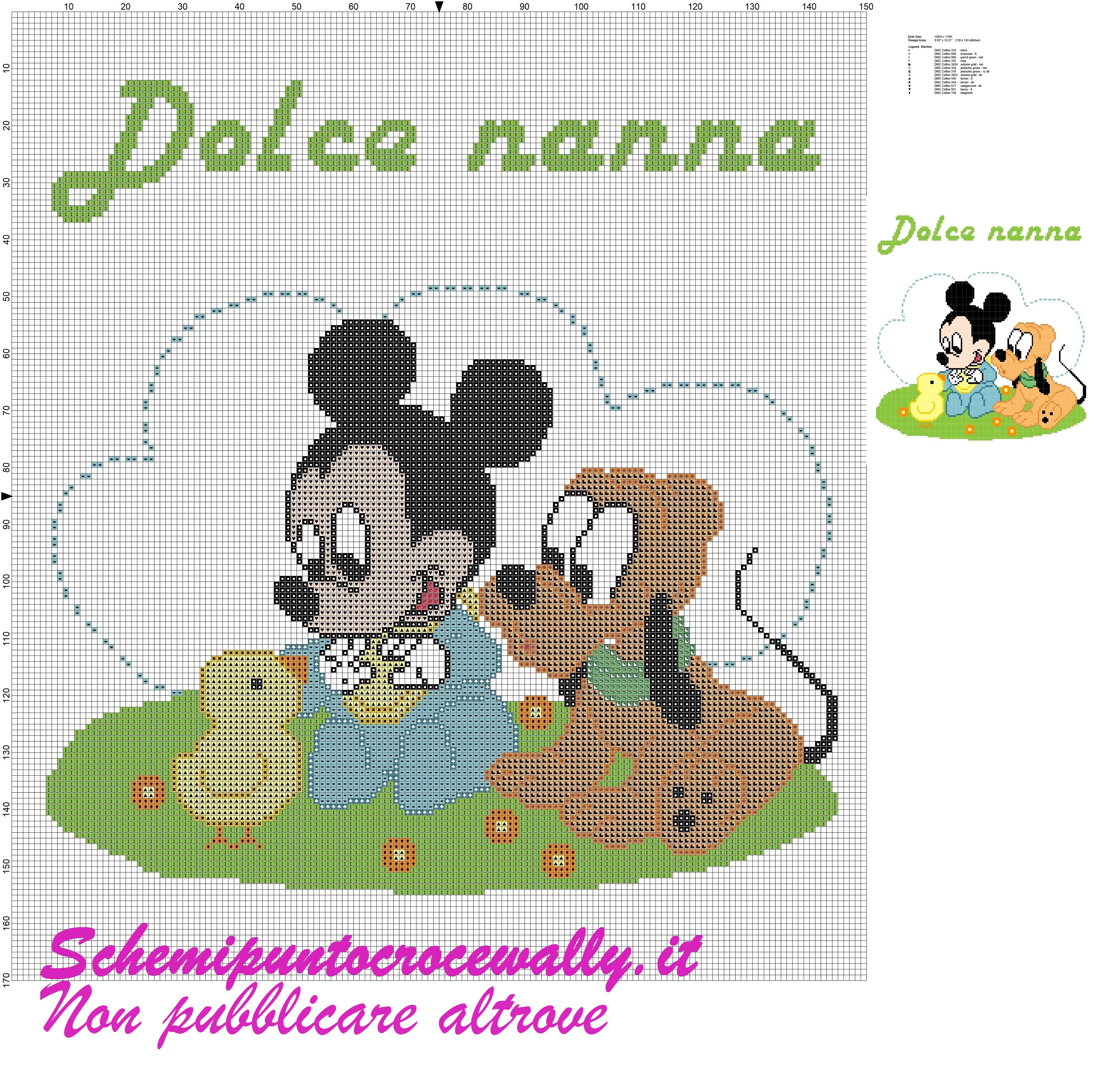 Baby Topolino e pluto con pulcino schema punto croce per copertina