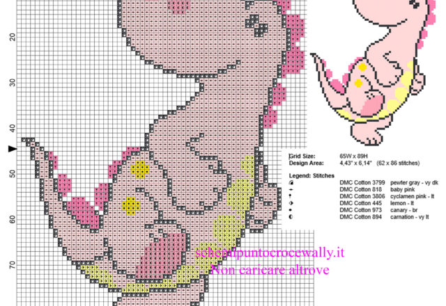 Baby dinosauro rosa schema punto croce bimbi