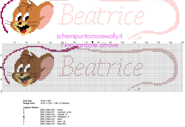 Beatrice nome bambina schema punto croce con Jerry di Tom e Jerry