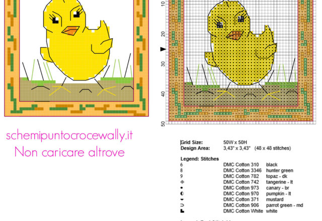 Biglietto di Pasqua con pulcino schema punto croce gratis 50 x 50