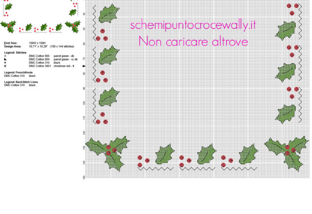 Bordo natalizio per Natale con pungitopo e bacche rosse schema punto croce gratis