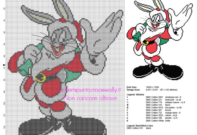 Bugs Bunny con abiti natalizi schema punto croce gratis