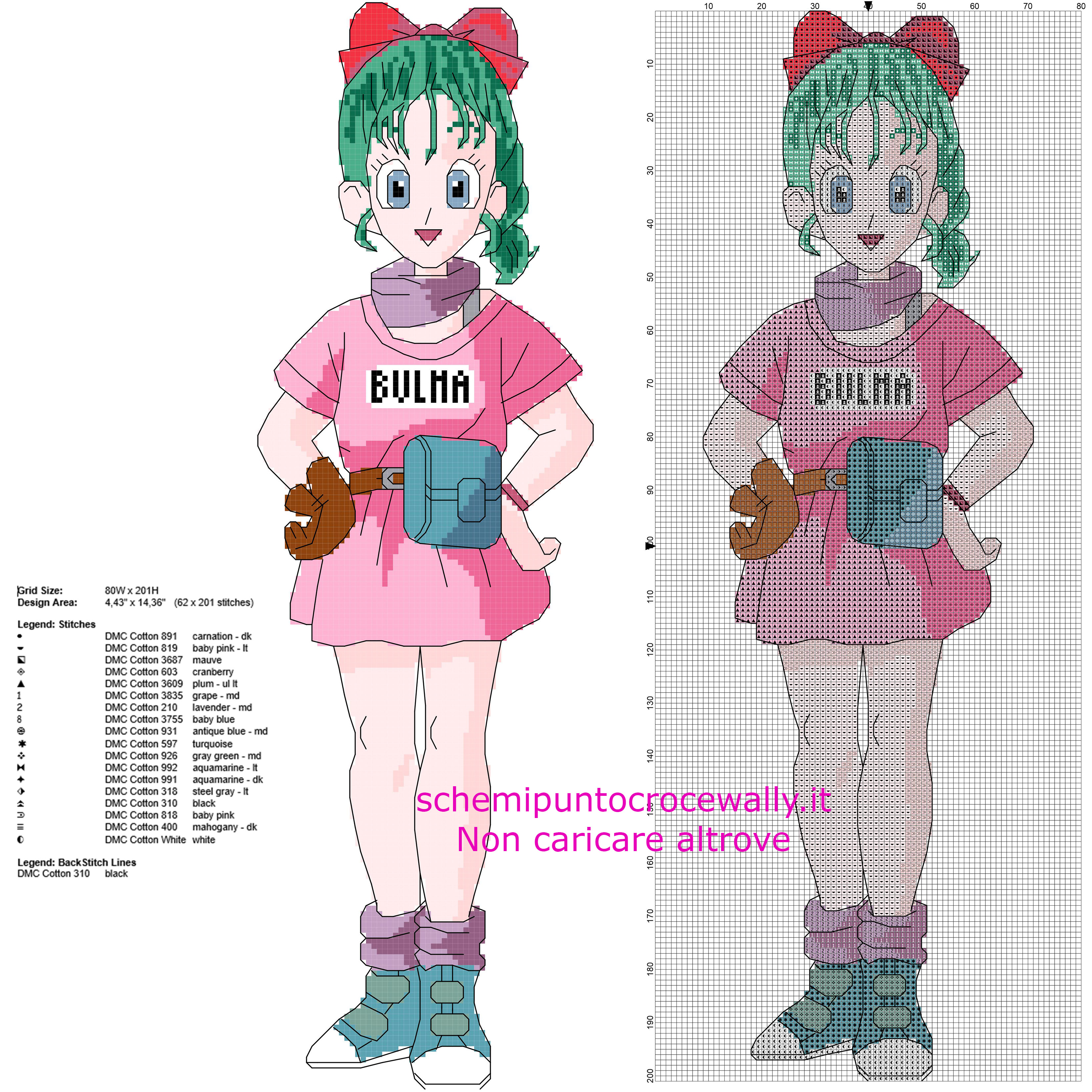 Bulma personaggio Dragon Ball schema punto croce gratis di grandi dimensioni