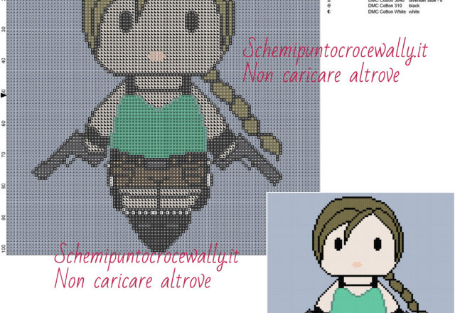 Chibi Lara Croft Tomb Raider schema di videogiochi a punto croce gratis 100x102 10 colori