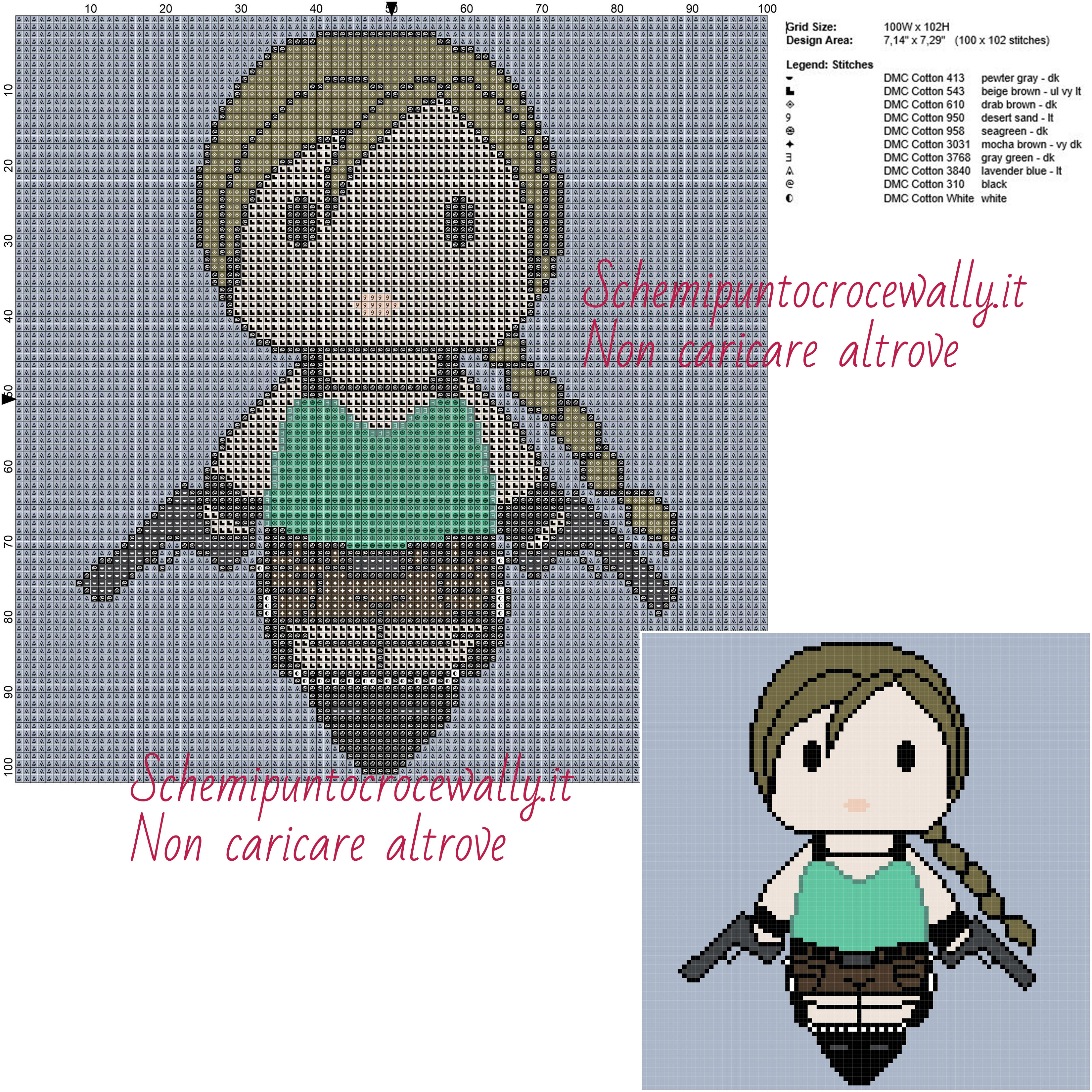 Chibi Lara Croft Tomb Raider schema di videogiochi a punto croce gratis 100x102 10 colori