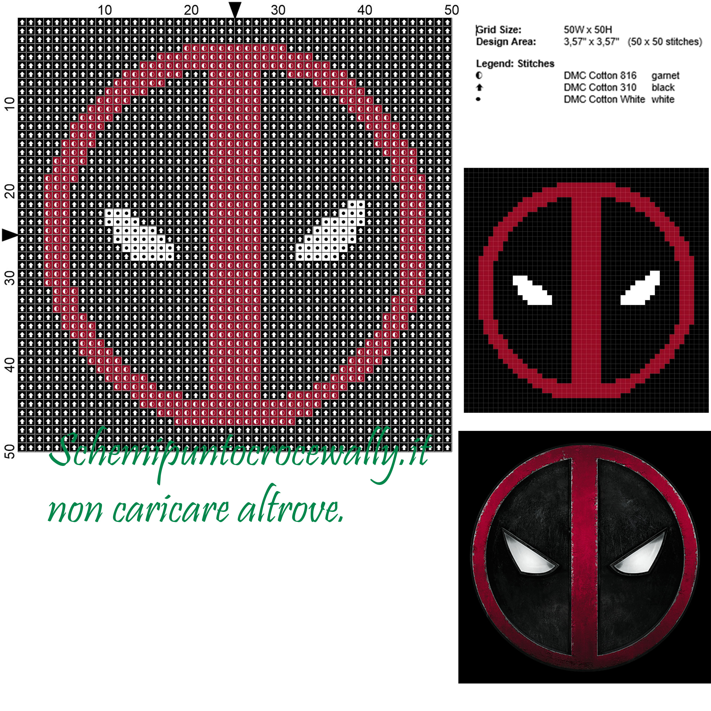Deadpool simbolo schema gratis punto croce 50x50 3 colori