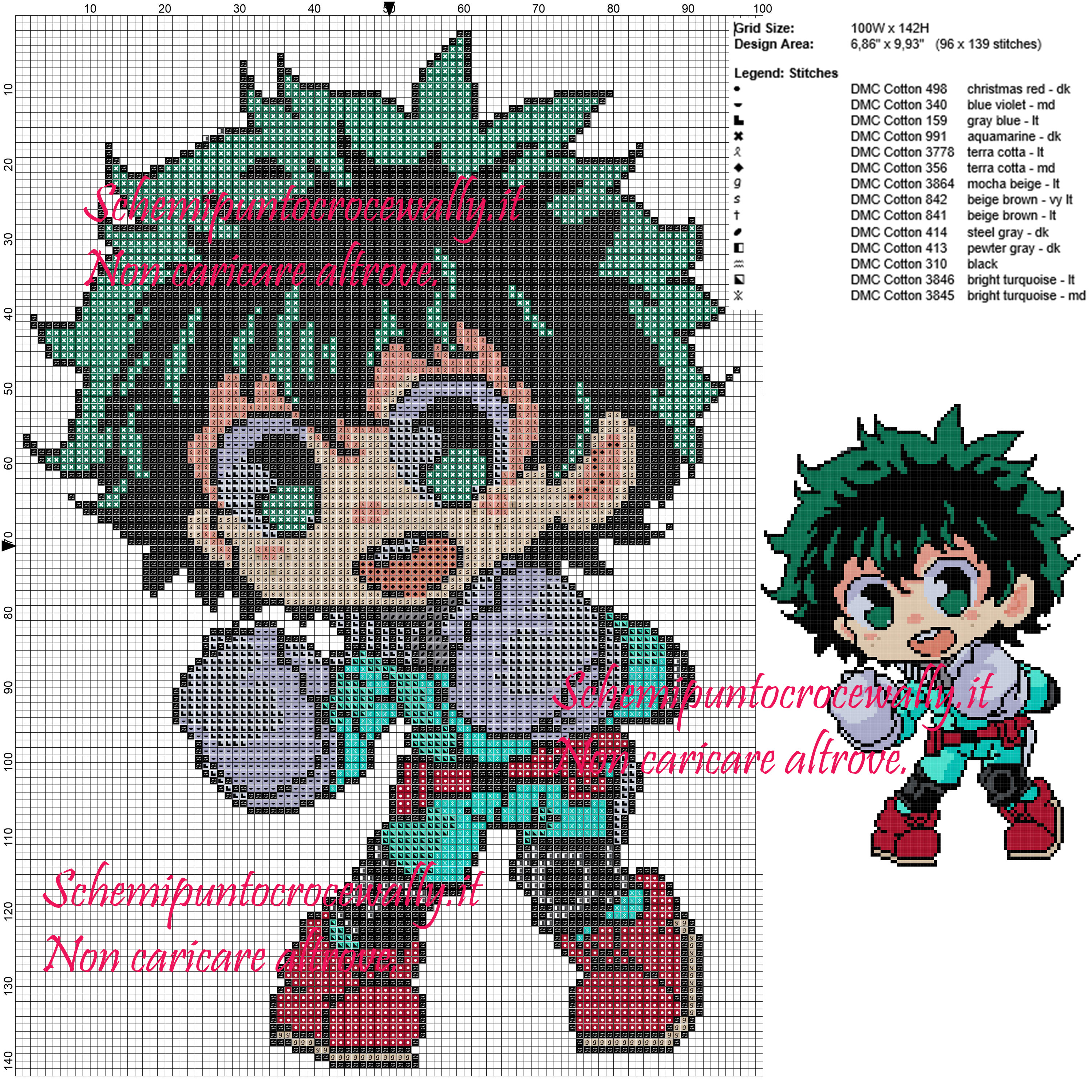 Deku My hero Academia schema punto croce 100x142 14 colori