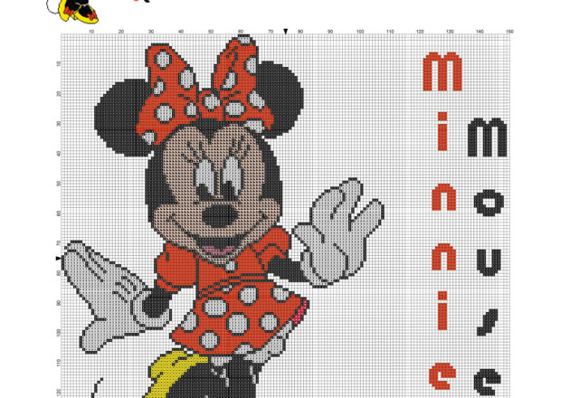 Disney Minnie con vestito a pois rosso schema punto croce grande 149 x 149 crocette 7 colori DMC
