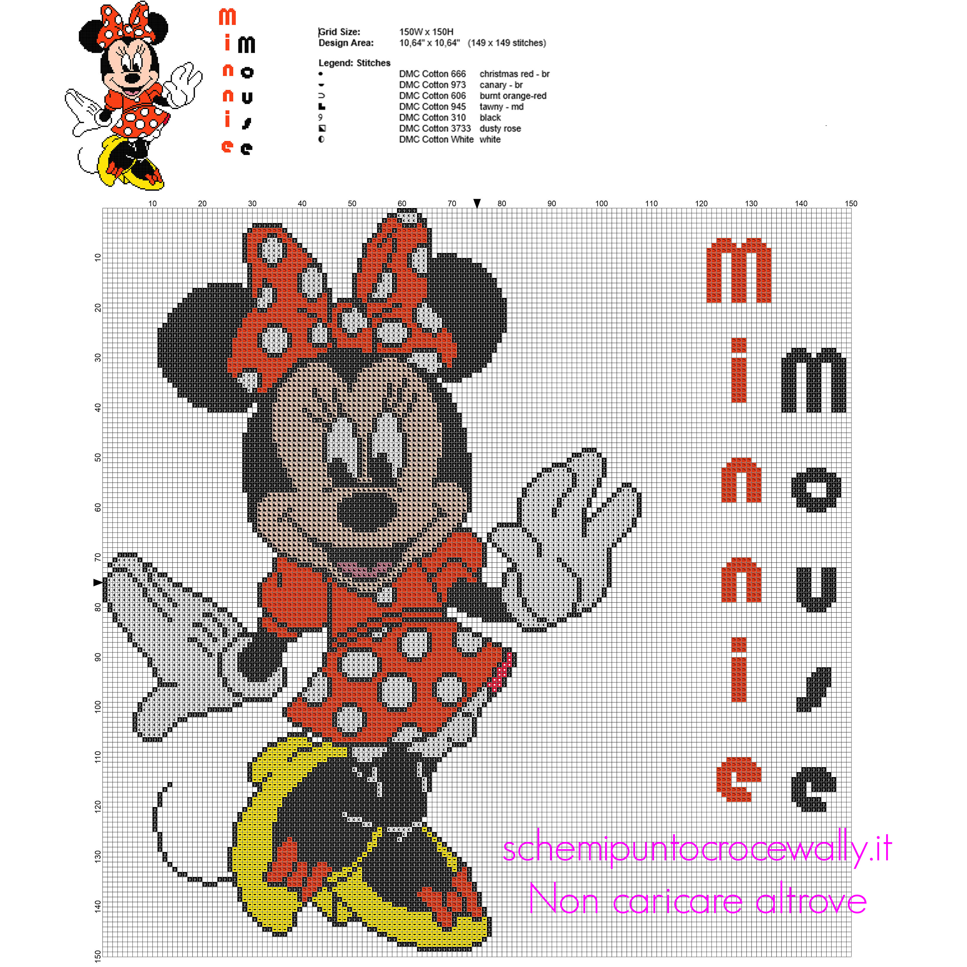 Disney Minnie con vestito a pois rosso schema punto croce grande 149 x 149 crocette 7 colori DMC