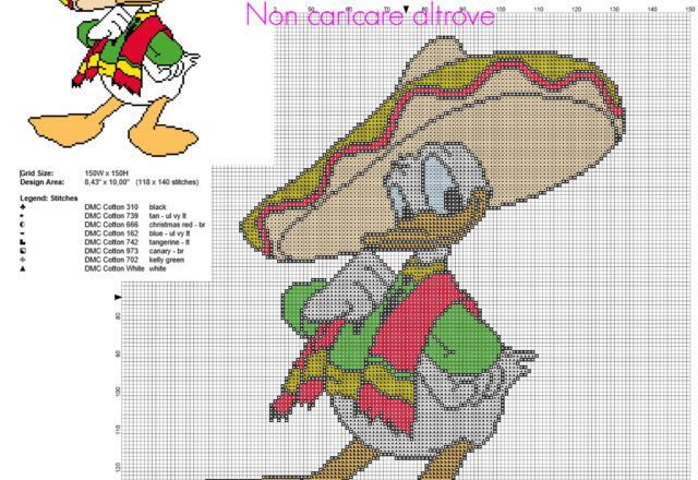 Disney Paperino messicano schema punto croce gratis 118 x 140 crocette 8 colori DMC