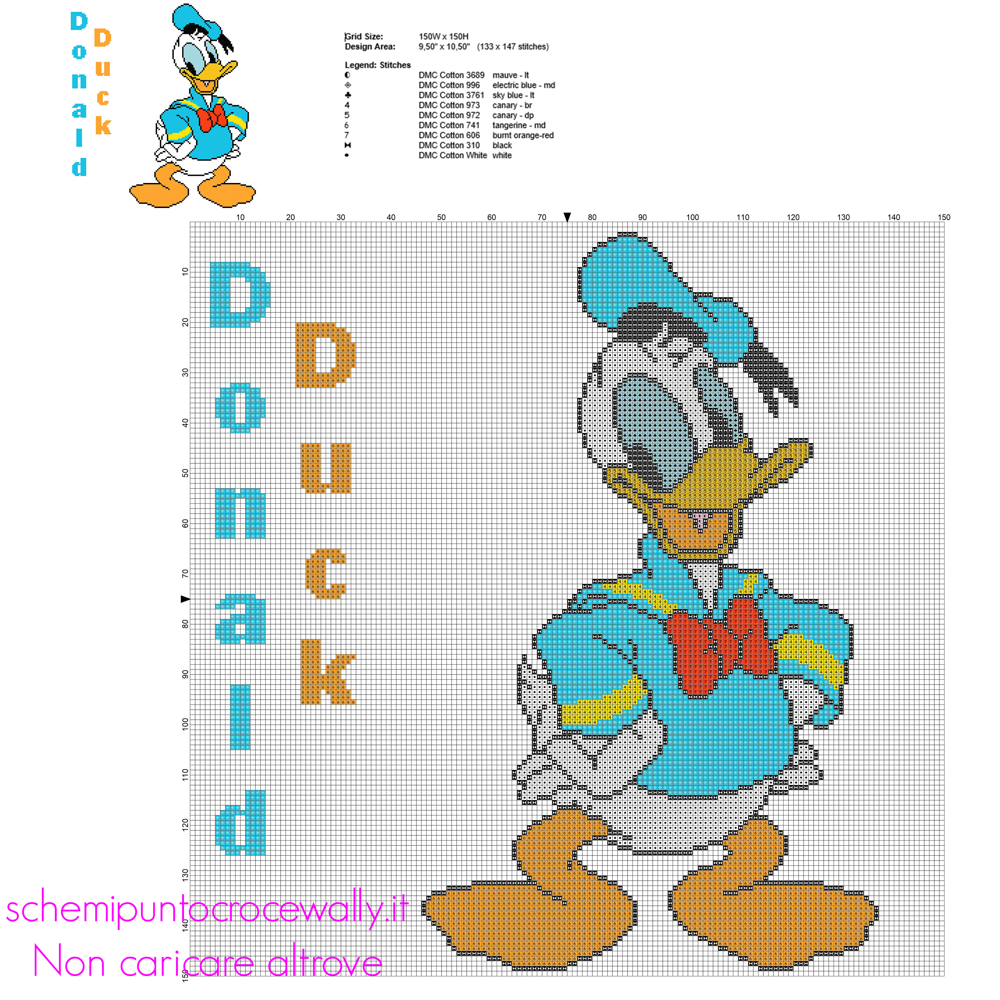 Disney Paperino schema punto croce grande 133 x 147 crocette 9 colori marca DMC