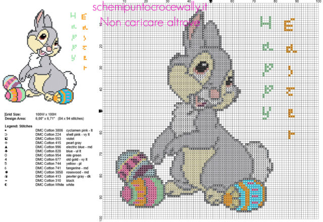 Disney Tamburino personaggio Bambi con uova di Pasqua schema punto croce 84 x 94 crocette 14 colori DMC