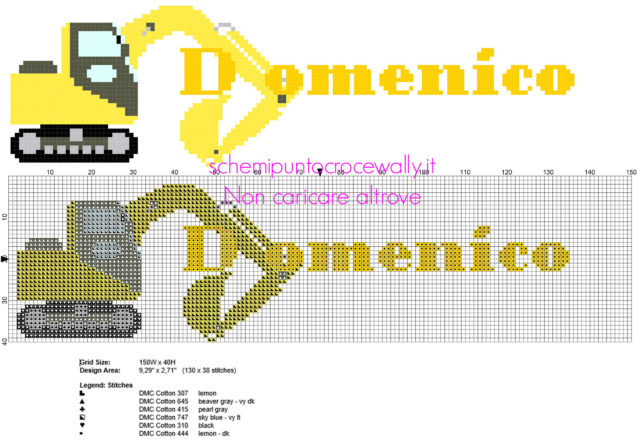 Domenico nome bambino punto croce con escavatore