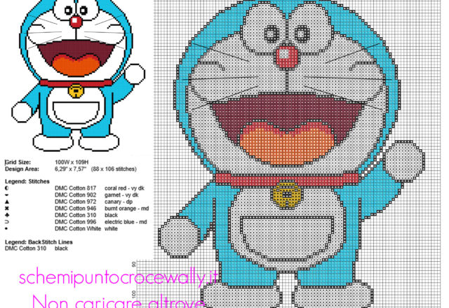 Doraemon schema punto croce cartoni animati 88 x106 crocette 7 colori DMC