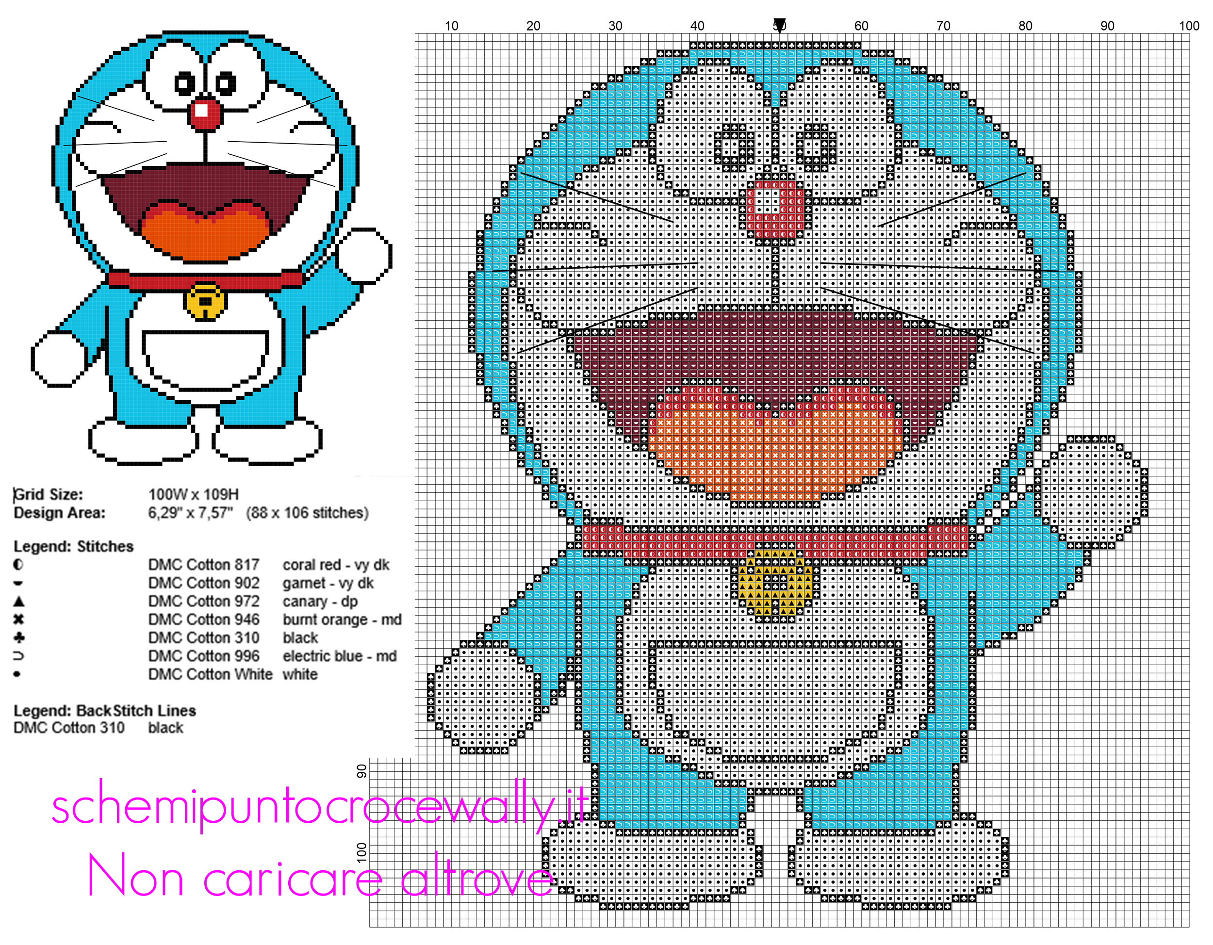 Doraemon schema punto croce cartoni animati 88 x106 crocette 7 colori DMC