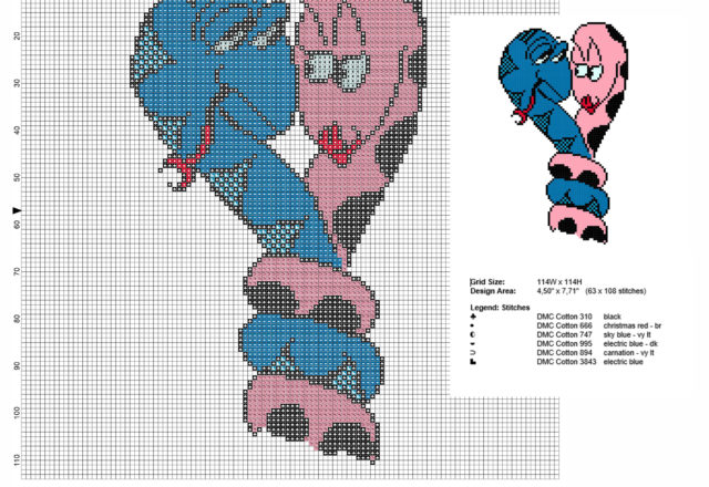 Due serpenti innamorati schema punto croce gratis blu e rosa