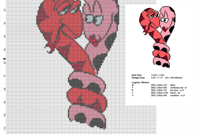 Due serpenti innamorati schema punto croce gratis rosso e rosa