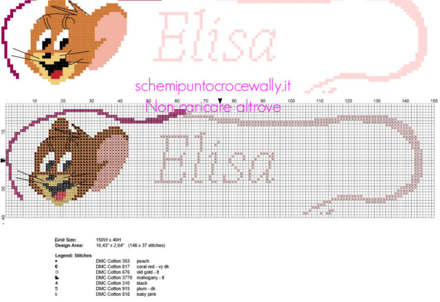 Elisa nome bambina schema da ricamare punto croce col topolino Jerry Tom and Jerry