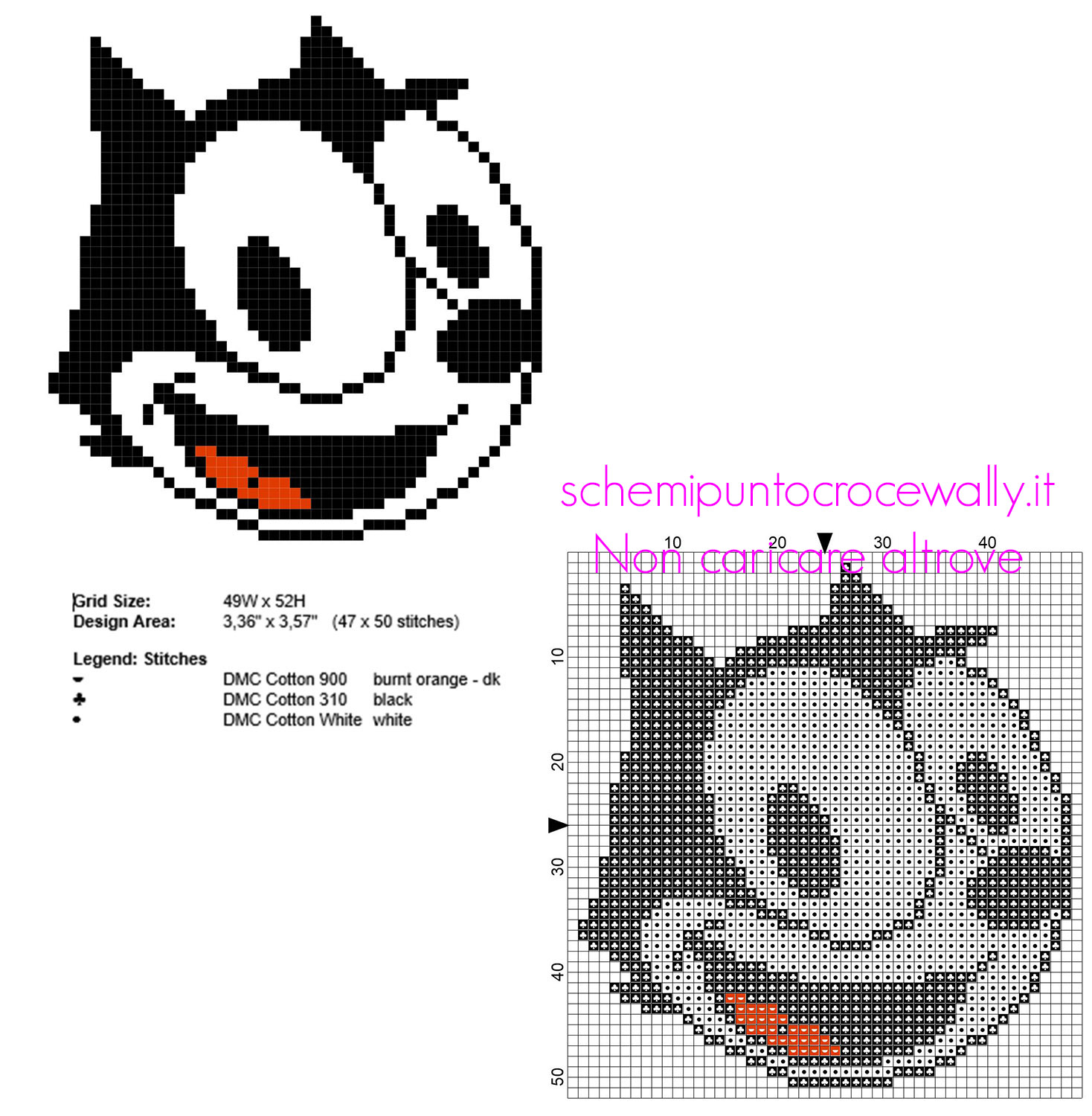 Felix The Cat piccolo schema punto croce da ricamare 47 x 50 3 colori
