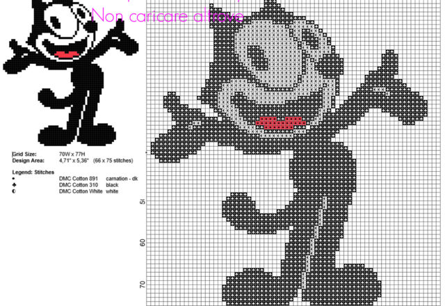 Felix The Cat schema punto croce gratis 66 x 75 3 colori DMC