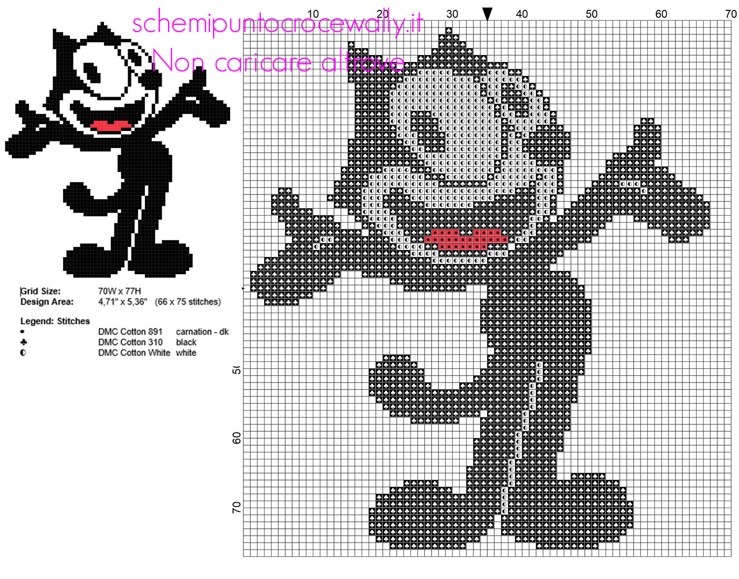 Felix The Cat schema punto croce gratis 66 x 75 3 colori DMC