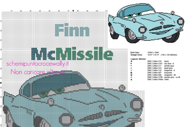 Finn McMissile personaggio Disney Cars 2 schema punto croce grandi dimensioni