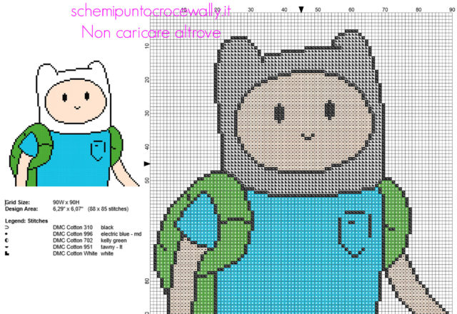 Finn personaggio del cartone animato Adventure Time schema punto croce gratis