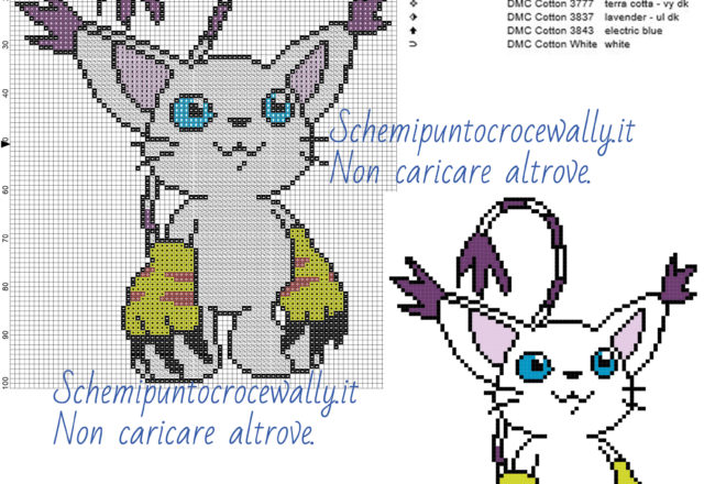 Gatomon Digimon schema gratis punto croce 80x101 7 colori