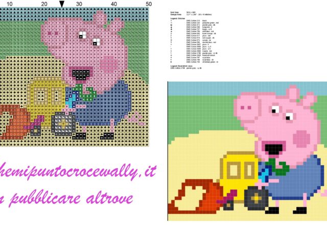 George fratello di Peppa Pig con ruspa schema punto croce