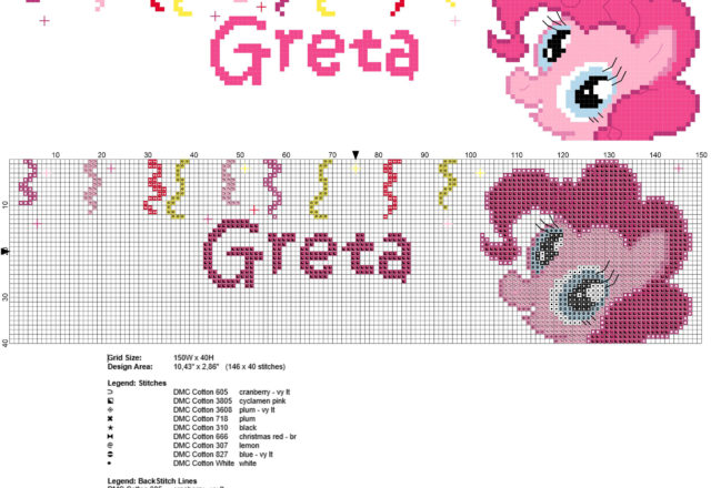 Greta nome punto croce bambine con Pinkie Pie delle My Little Pony