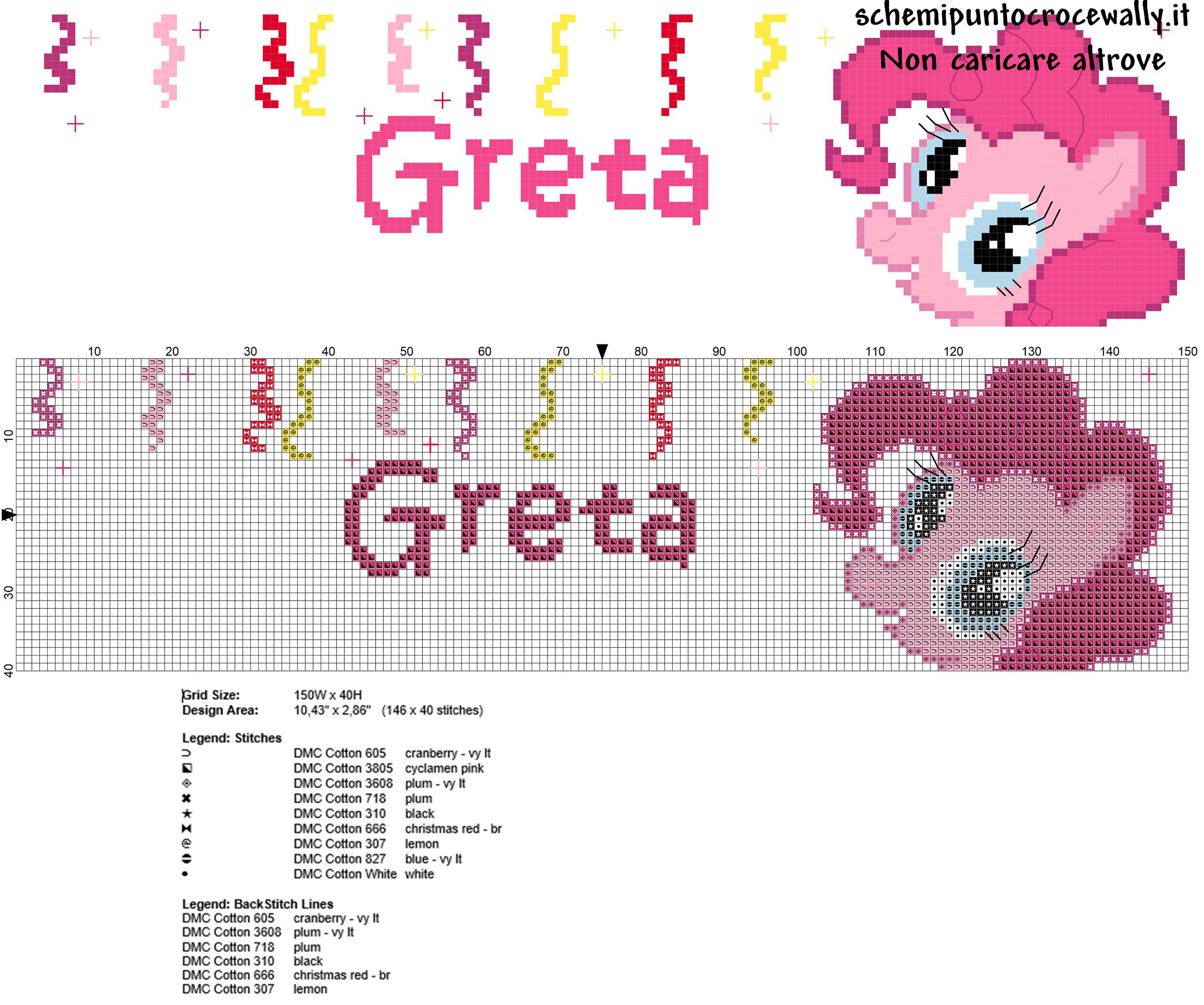 Greta nome punto croce bambine con Pinkie Pie delle My Little Pony